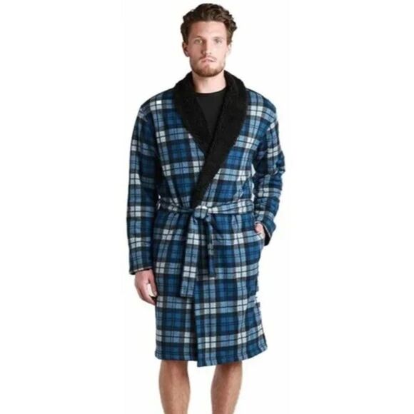 UGG Australia Kalib Blue Plaid Sherpa Lined Robe Men’s Size L - Picture 2 of 10